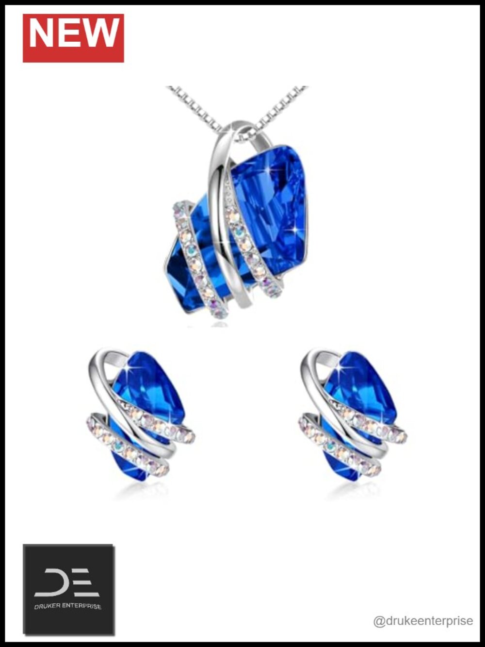 September Birthstone Crystal Necklace & Earring Set for Women, Sapphire Blue